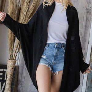 Women's Fall Shawl Cuff Long Sleeve Open Front Cardigan Black Plus Size